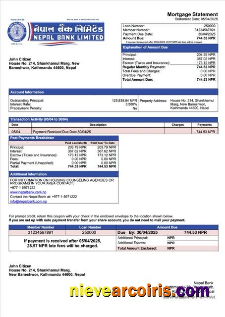 Nepal Bank mortgage statement Word and PDF template
